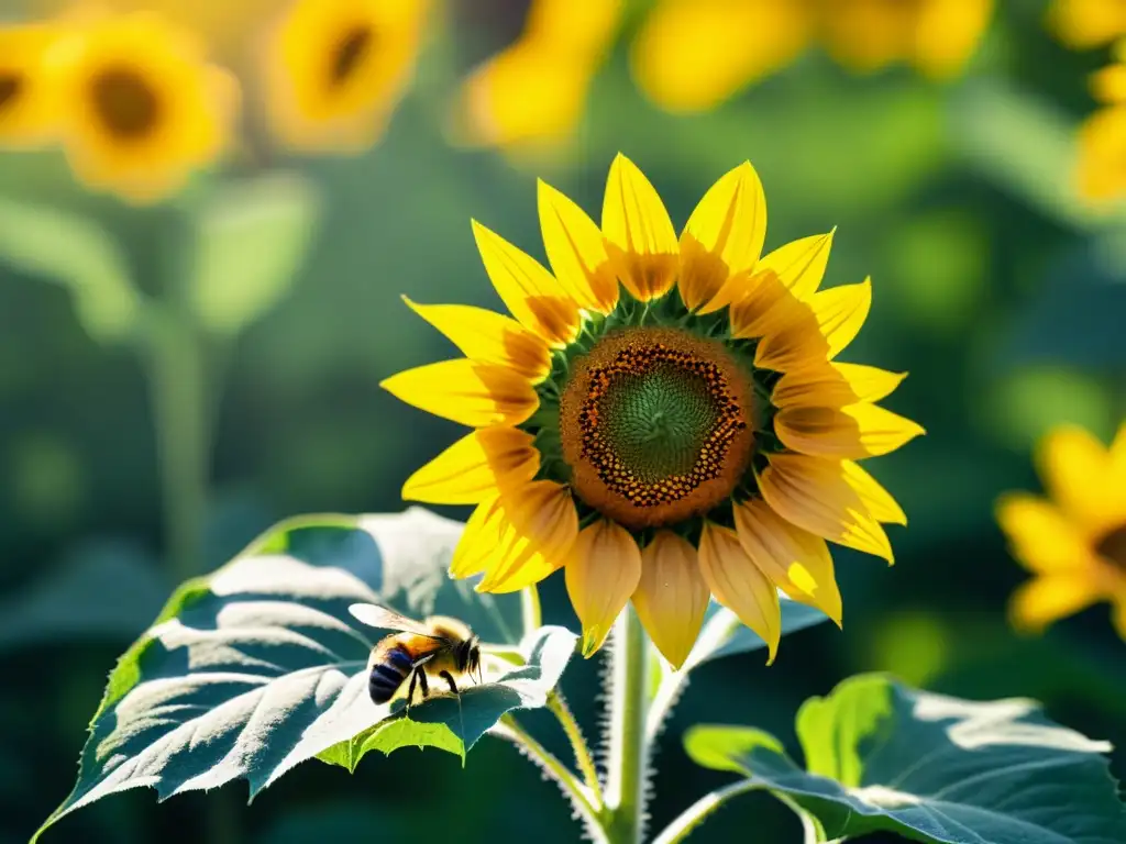 Una abeja en un girasol amarillo con detalles intrincados, transmitiendo una atmósfera nostálgica