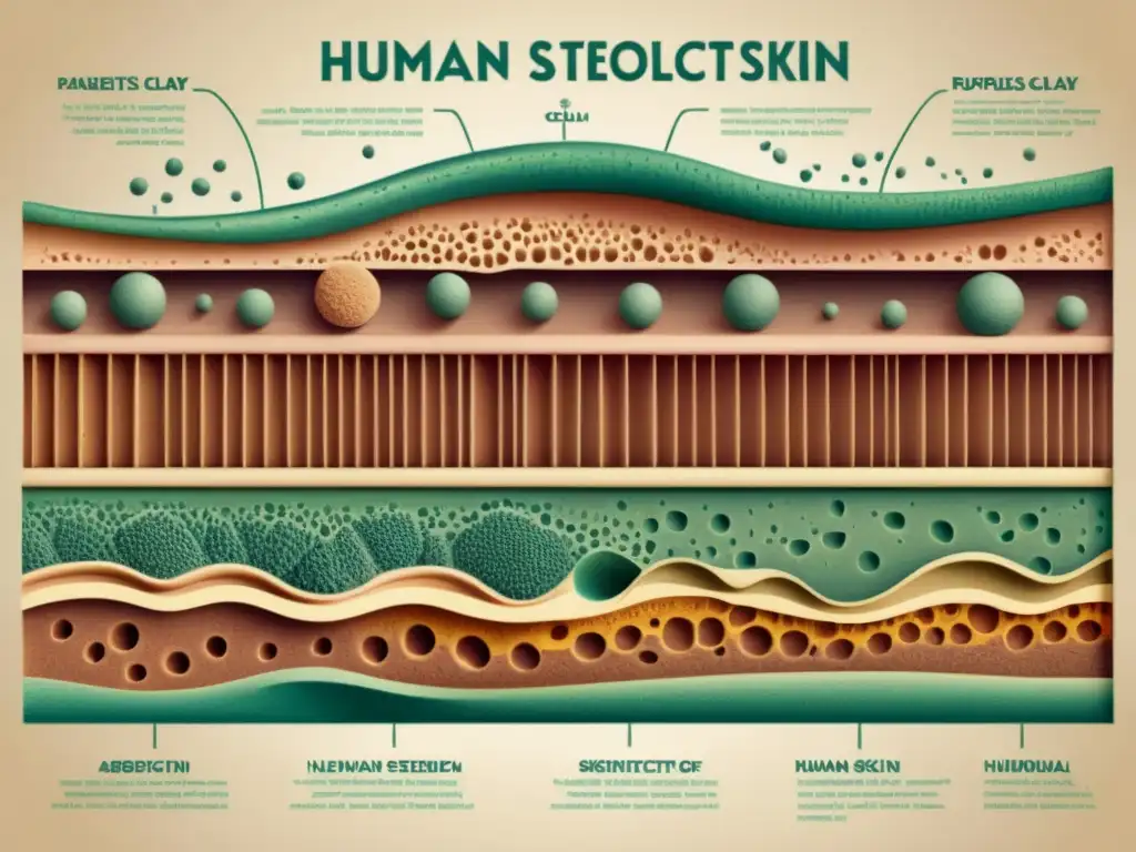 Ilustración vintage de la absorción de arcilla medicinal en la piel humana, mostrando sus beneficios potenciales