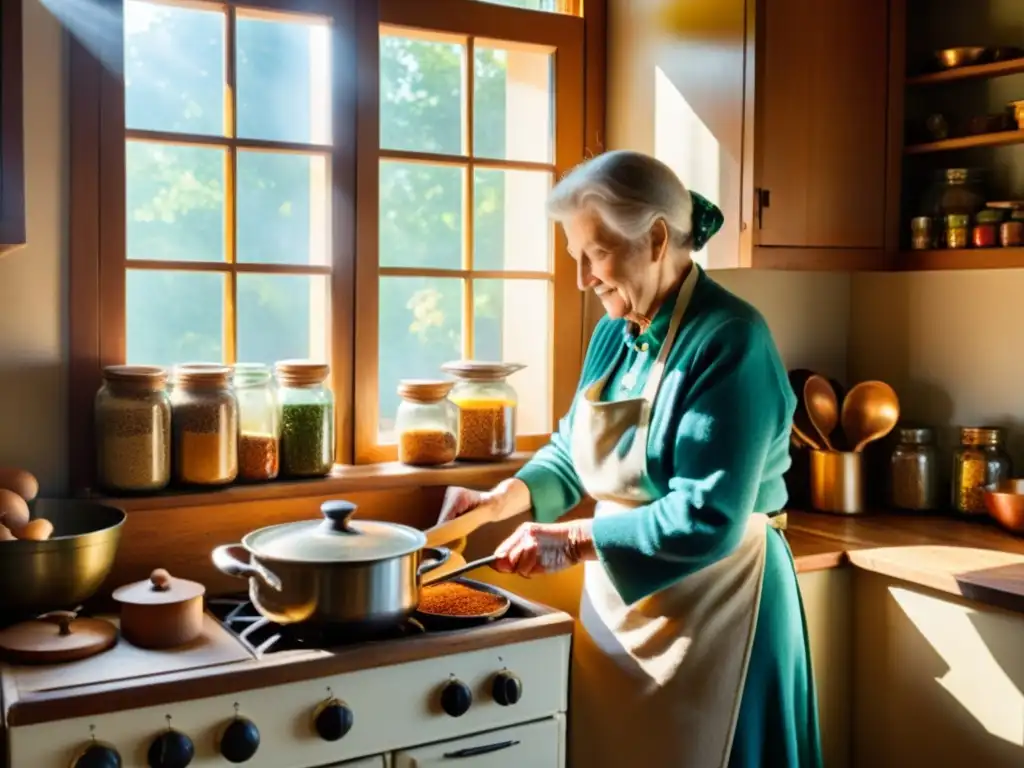 Una abuela amorosa cocina recetas tradicionales medicinales en una cocina vintage, transmitiendo sabiduría y tradición