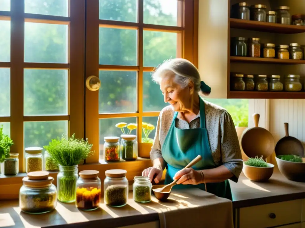 La abuela prepara remedios caseros con hierbas en su acogedora cocina, transmitiendo la sabiduría y la ciencia detrás de los remedios de la abuela