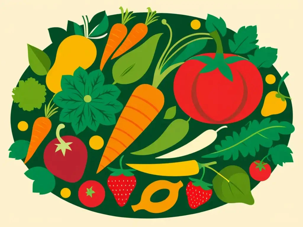Una ilustración vintage de una abundante cornucopia de frutas y verduras coloridas, con detalles intrincados que resaltan sus vitaminas y minerales