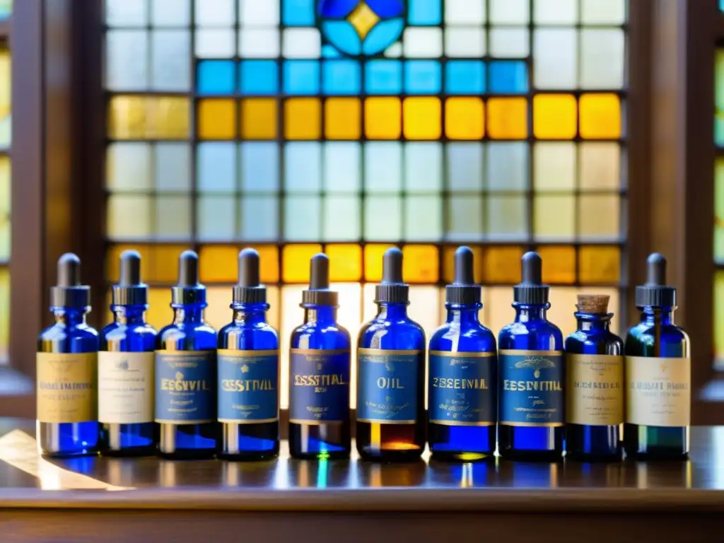 Antigua mesa de boticario con esencias aromáticas en botellas de vidrio Combinando aceites esenciales para potenciar beneficios: mesa de boticario antigua con frascos de vidrio de aceites esenciales y hierbas secas