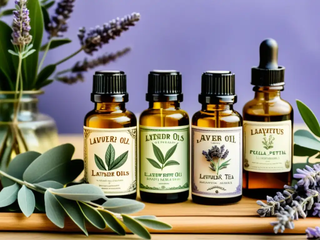 Vintage ilustración de aceites esenciales en botellas ornamentadas Vintage ilustración de aceites esenciales como lavanda, eucalipto y menta en frascos ornamentales, rodeados de elementos botánicos