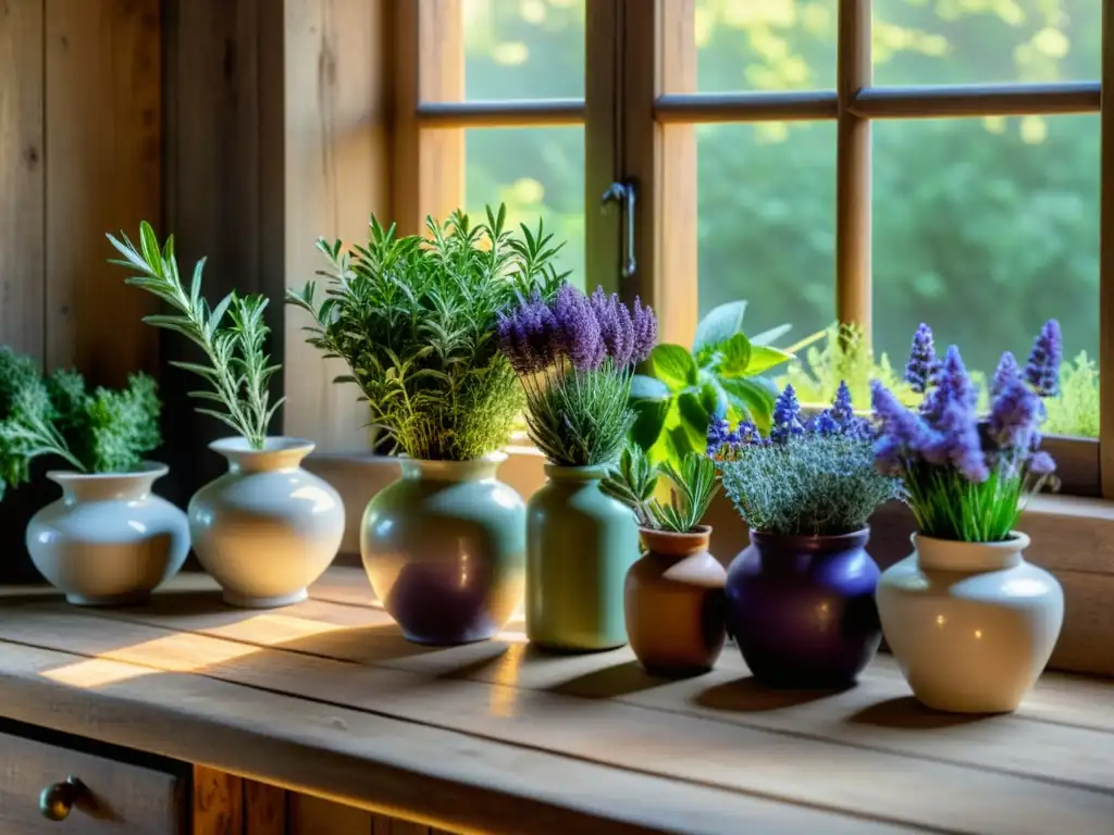 Un acogedor rincón de cocina con hierbas medicinales esenciales jardín en macetas de cerámica vintage, bañado por cálida luz solar