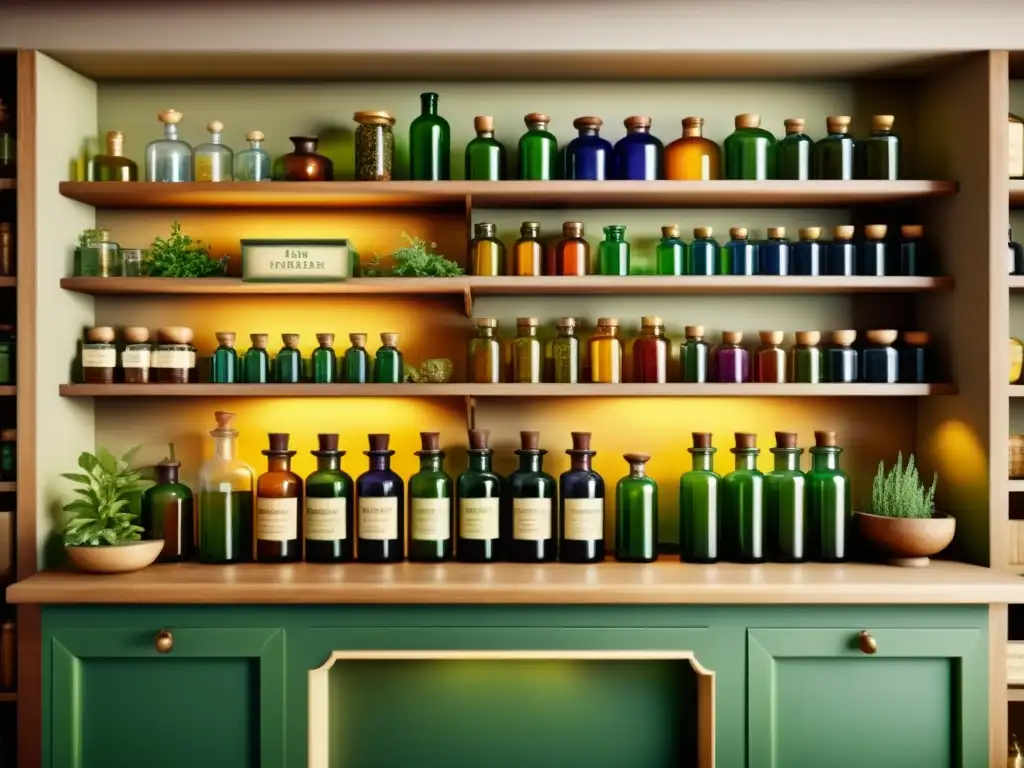 Un acogedor y nostálgico ilustración de una antigua botica con estantes de botellas de colores, hierbas y plantas