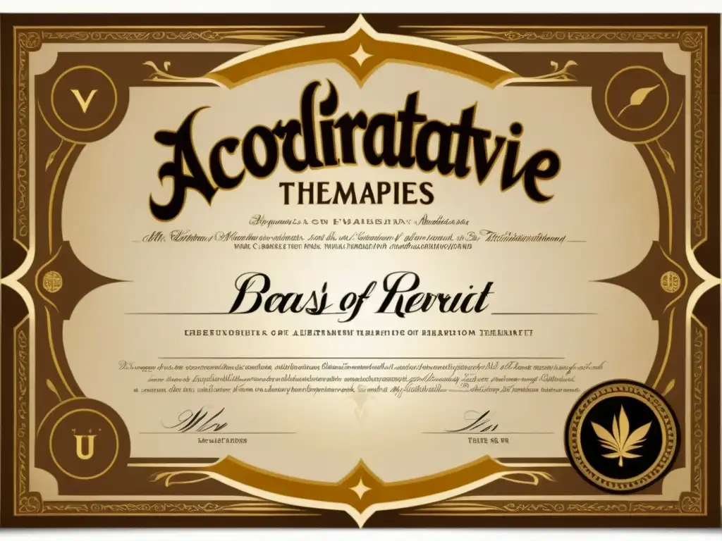 Acreditaciones terapias alternativas validez: Certificado vintage de terapias alternativas con elegante caligrafía y tonos terrosos