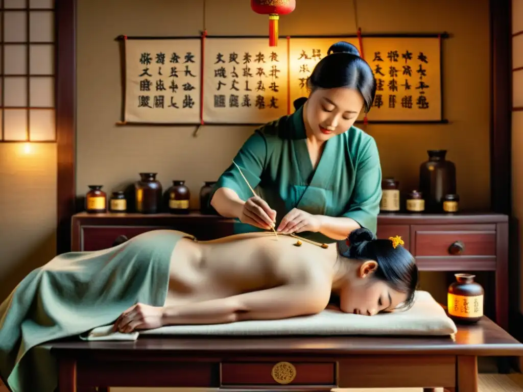 Un acupuntor chino tradicional coloca agujas en la espalda de un paciente, rodeado de hierbas medicinales y pergaminos antiguos, en una habitación decorada con muebles de madera