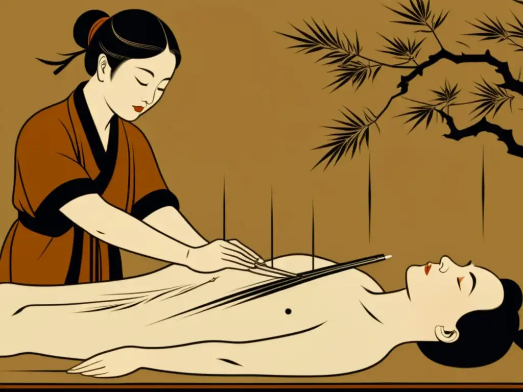 Un ilustración vintage detalla la aplicación de acupuntura siguiendo los meridianos en medicina tradicional china, transmitiendo sabiduría ancestral