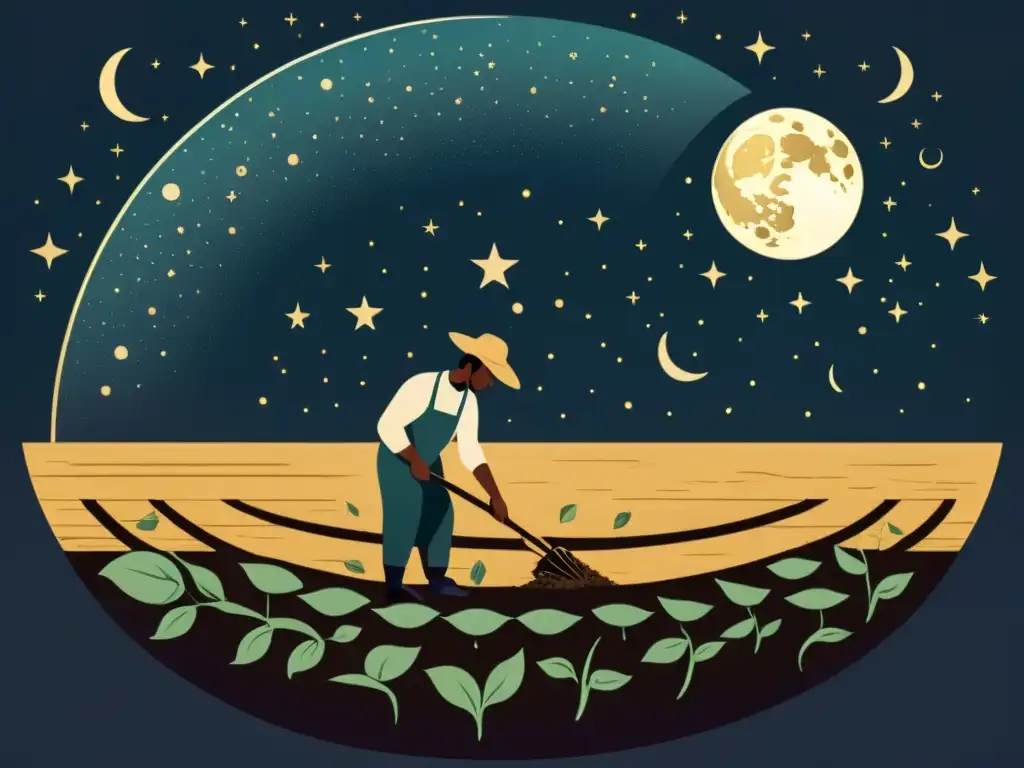 Un agricultor siembra según calendario lunar en un campo exuberante bajo la luz de la luna, conectando con la sabiduría agrícola ancestral