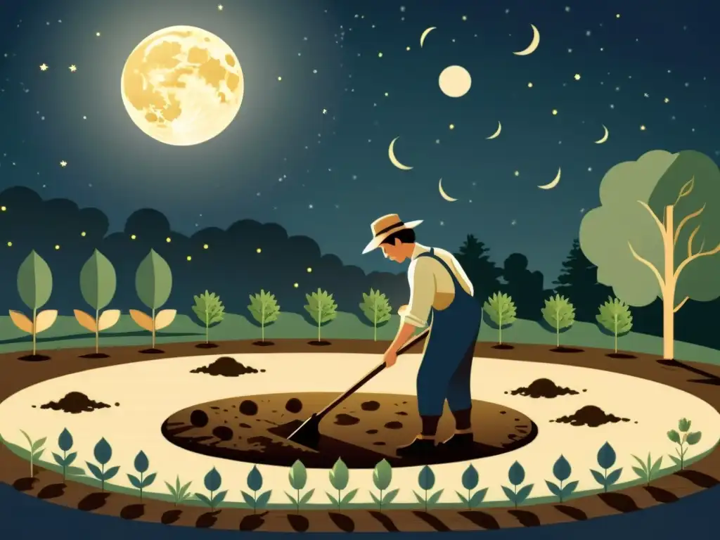 Un agricultor siembra según el calendario lunar en su jardín nocturno, bajo la suave luz de la luna llena, creando una escena evocadora y tranquila