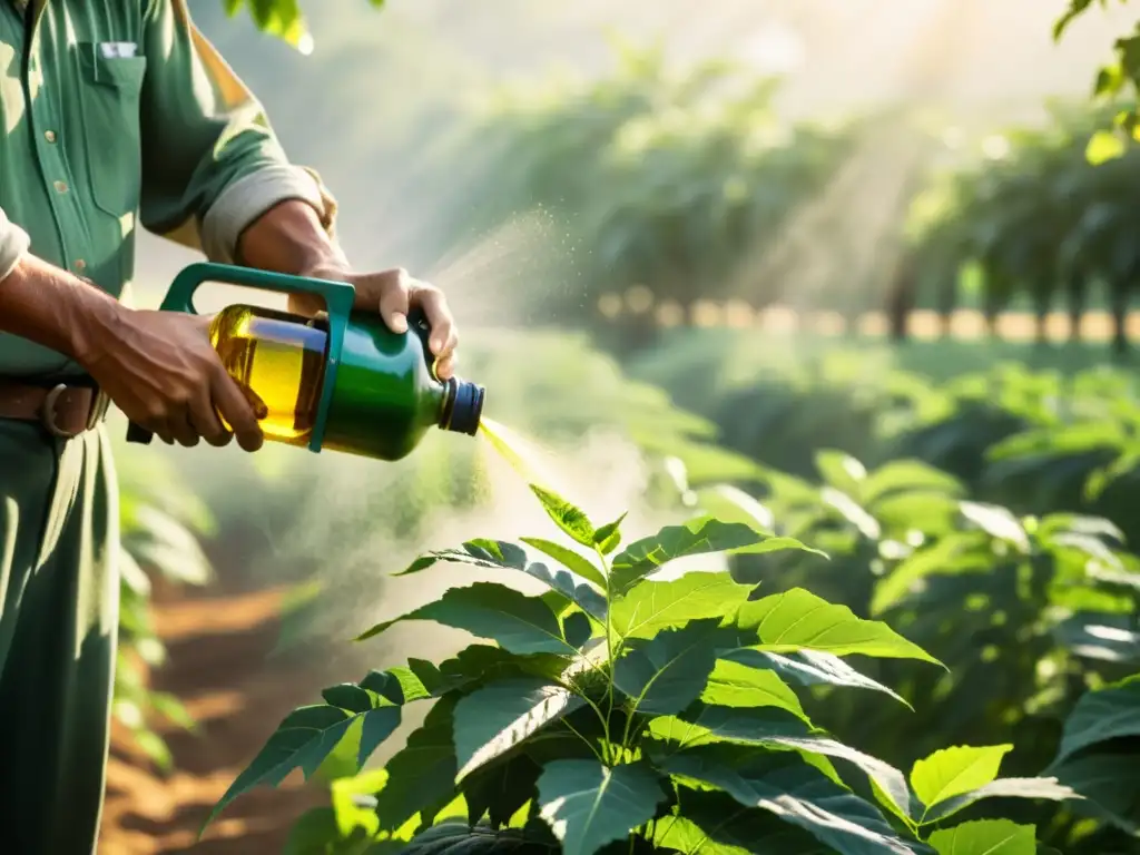 Un agricultor rocía neem en los cultivos al atardecer, mostrando la vitalidad y tradición en el uso agrícola del árbol Neem