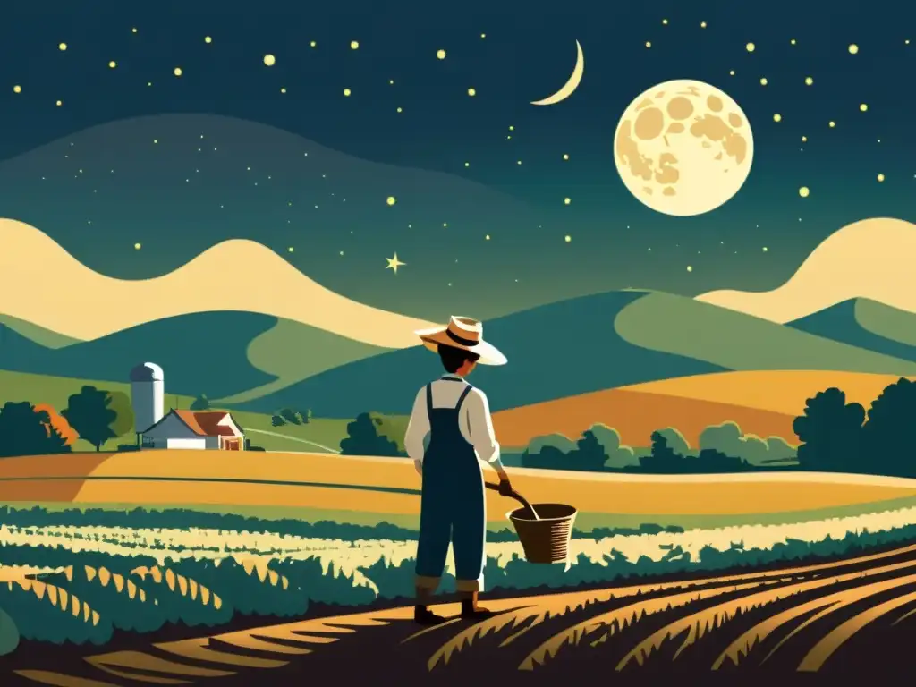 Un agricultor siembra semillas en un campo bajo la luz de la luna llena, siguiendo siembras según calendario lunar