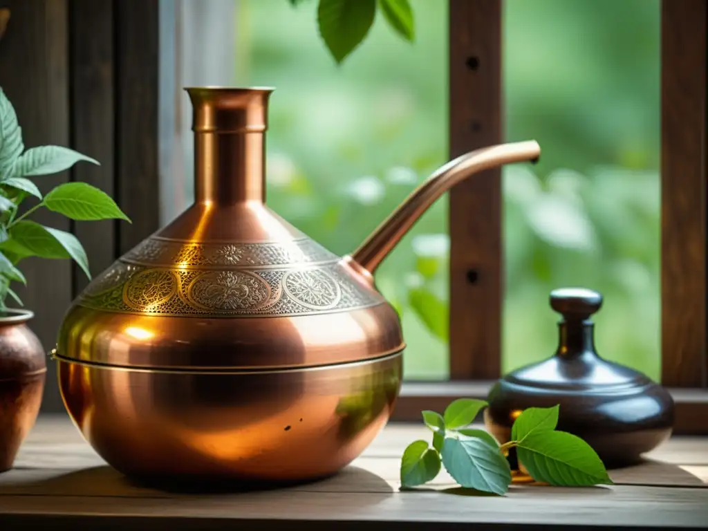 Un alambique de cobre antiguo rodeado de hierbas secas y luz suave, evocando la historia y tradición de la destilación medicinal