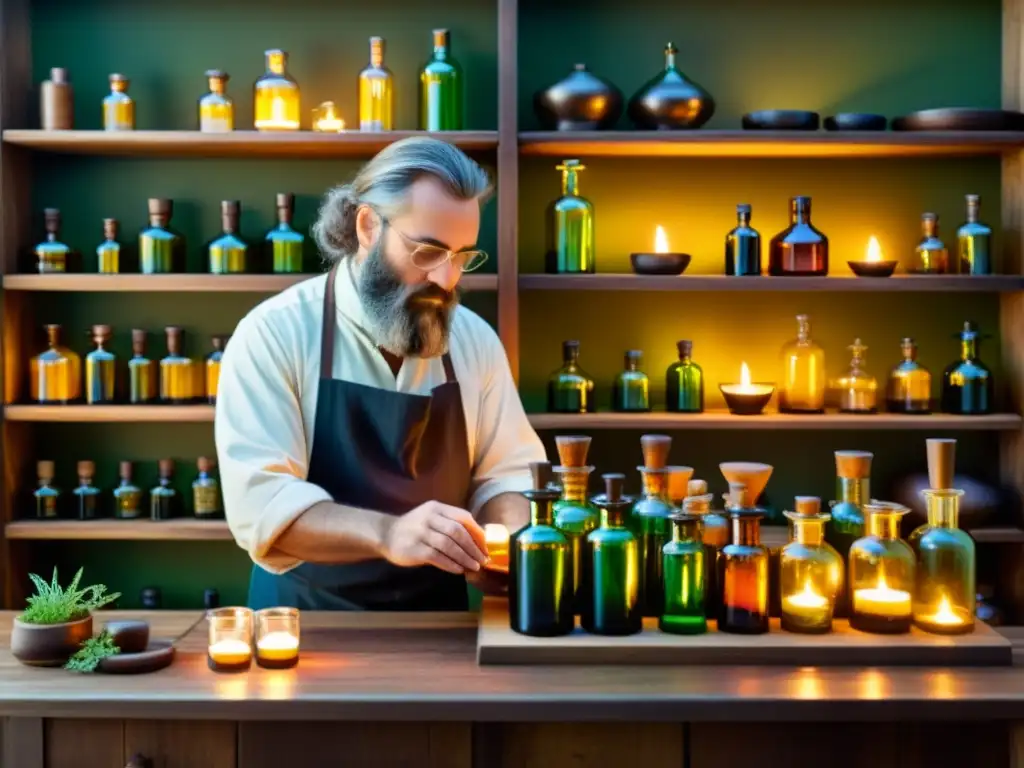 Un alquimista antiguo destila aceites esenciales de plantas medicinales en una apotecaria iluminada por velas