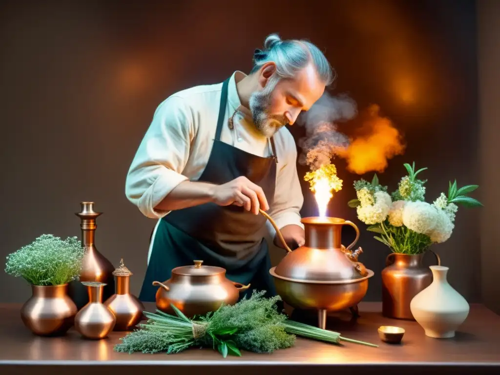 Un alquimista antiguo cuida de un alambique de cobre rodeado de hierbas aromáticas, evocando antiguas técnicas de extracción de aceites esenciales