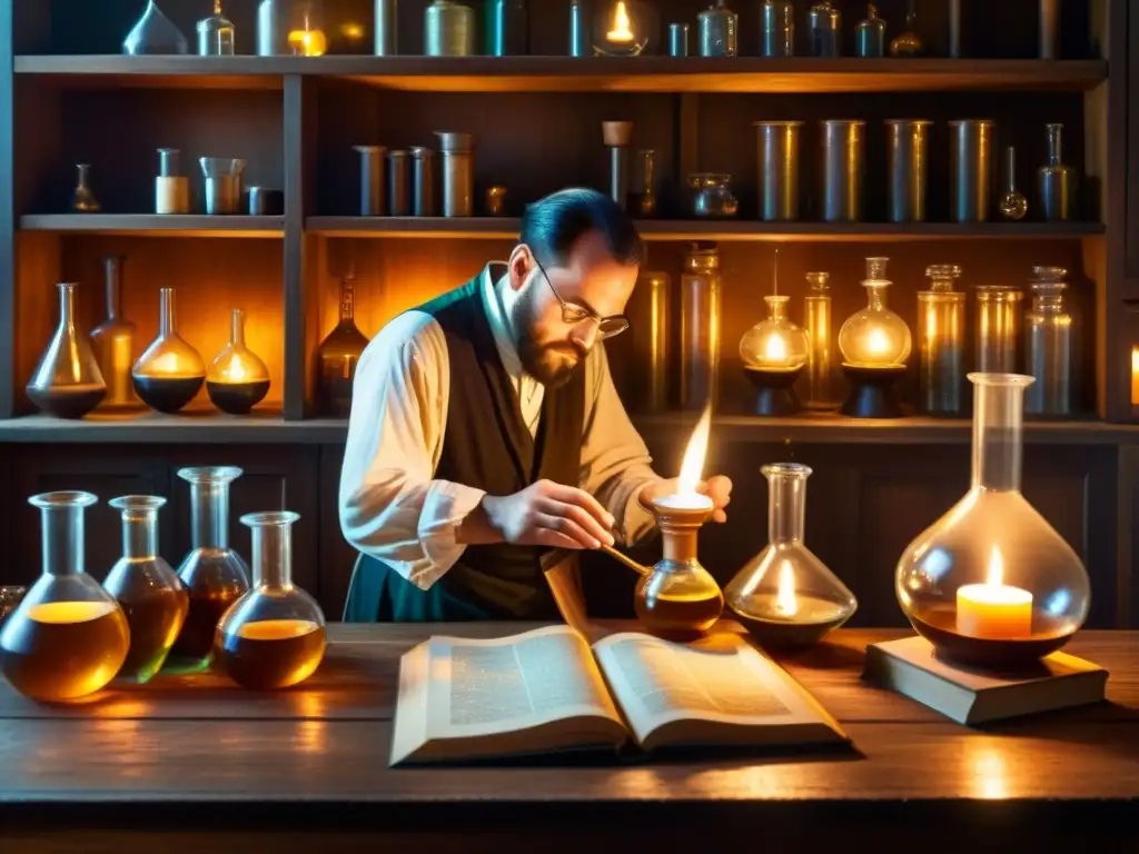 El alquimista concentrado: laboratorio vintage Un alquimista concentrado vierte líquido entre frascos en un laboratorio tenue, rodeado de antiguos textos y botellas burbujeantes