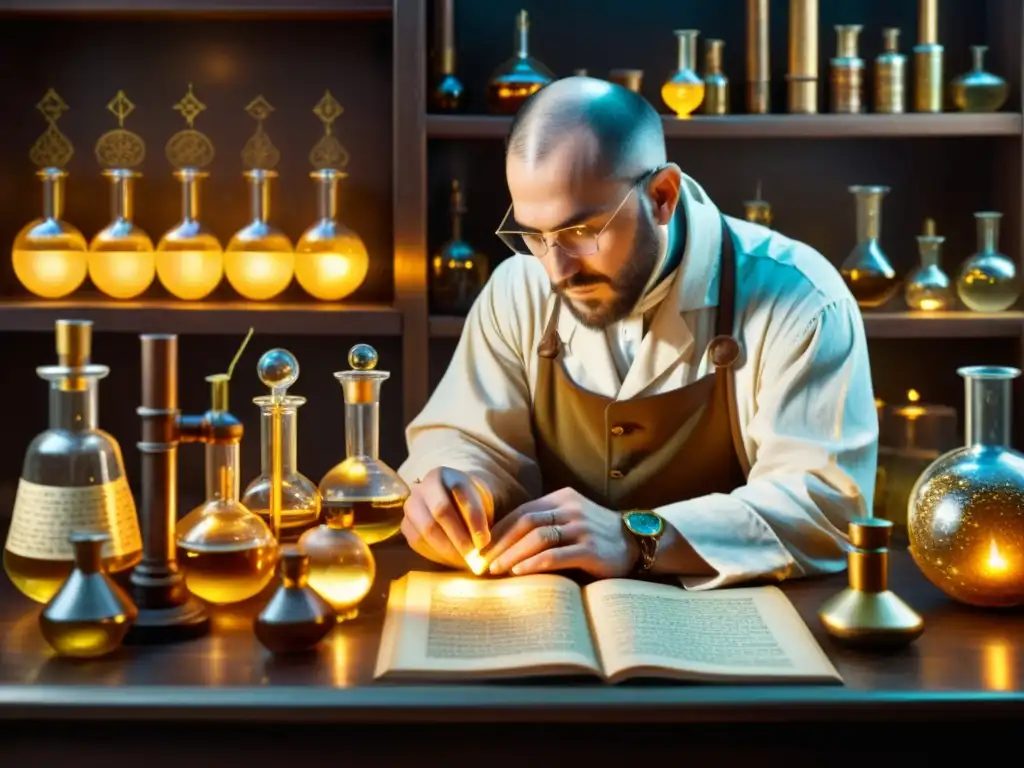 Alquimista trabajando en laboratorio con líquido dorado Un alquimista trabaja en su laboratorio iluminado, manipulando líquidos dorados