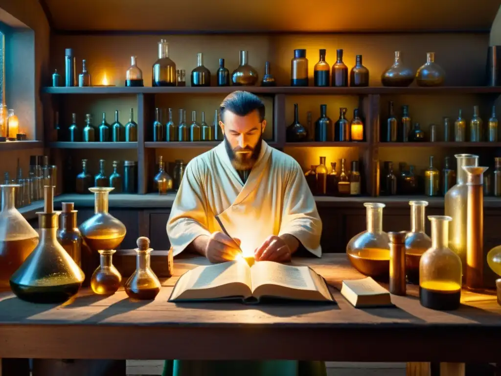 Un alquimista en su laboratorio iluminado suavemente, rodeado de libros antiguos, botellas y pociones burbujeantes