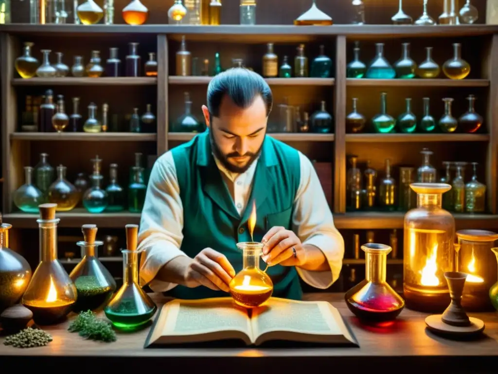 Un alquimista trabaja en su laboratorio, mezclando líquidos coloridos en un matraz sobre una llama, rodeado de textos antiguos y vidriería intricada