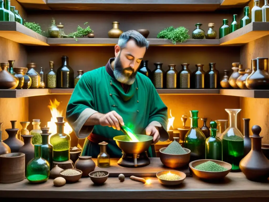 Un alquimista en su laboratorio medieval, mezclando ingredientes en un mortero