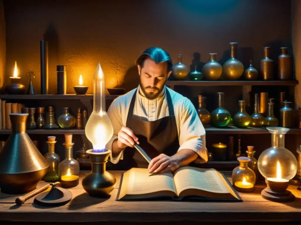 Un alquimista medieval trabaja en un laboratorio iluminado por velas, rodeado de libros antiguos, frascos de vidrio y herramientas alquímicas