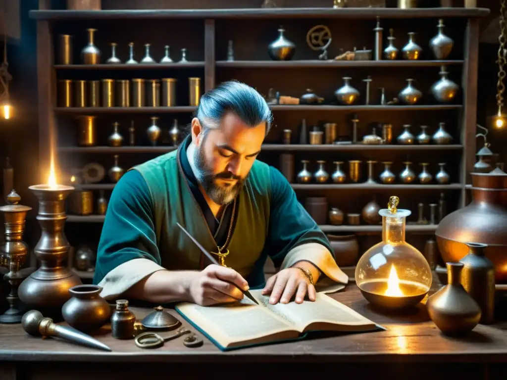 Un alquimista místico trabaja con metales y pociones en su taller antiguo, rodeado de herramientas y libros