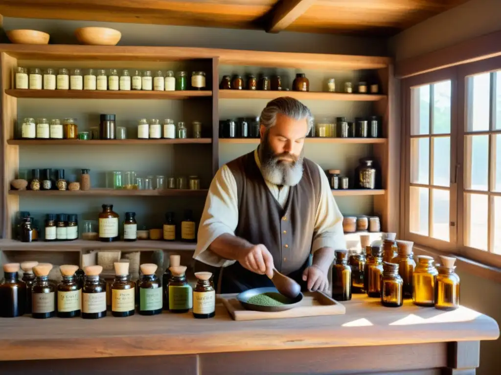 Un alquimista barbudo mezcla remedios aromáticos en una vieja botica de madera