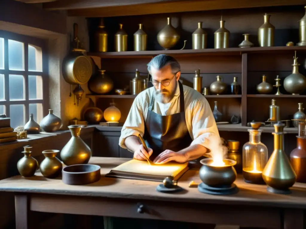 Un alquimista en su taller medieval, rodeado de libros antiguos, pociones y misteriosos instrumentos alquímicos