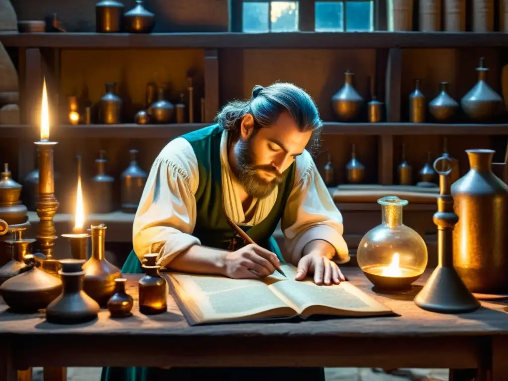 Un alquimista en su taller medieval, rodeado de manuscritos antiguos, pociones y herramientas alquímicas, trabajando a la luz de las velas