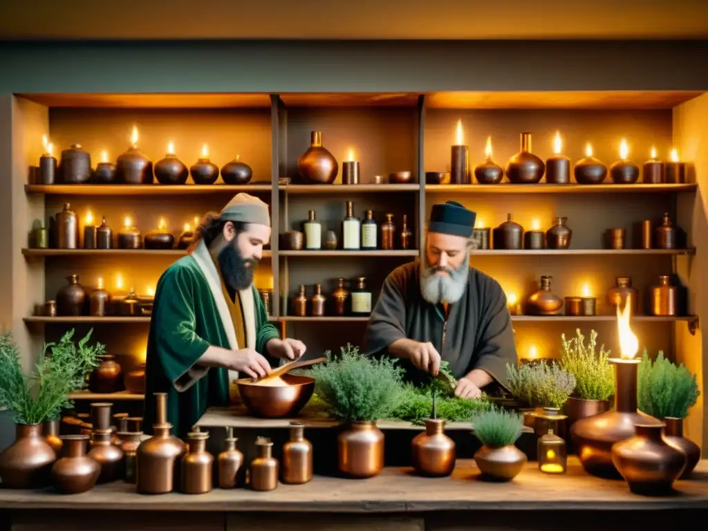 Alquimistas y herbolarios extraen aceites esenciales en un taller antiguo iluminado por velas