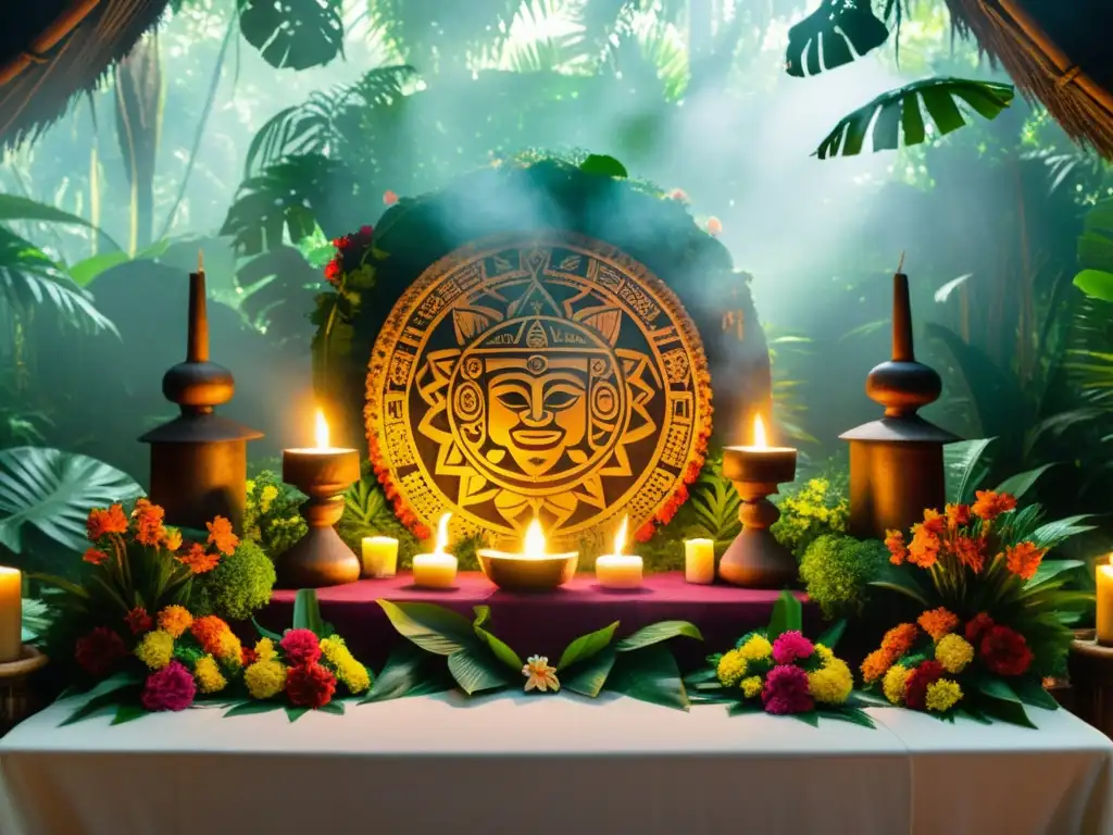 Un altar ceremonial maya en la exuberante selva, con un chamán realizando un ritual bajo el humo de copal