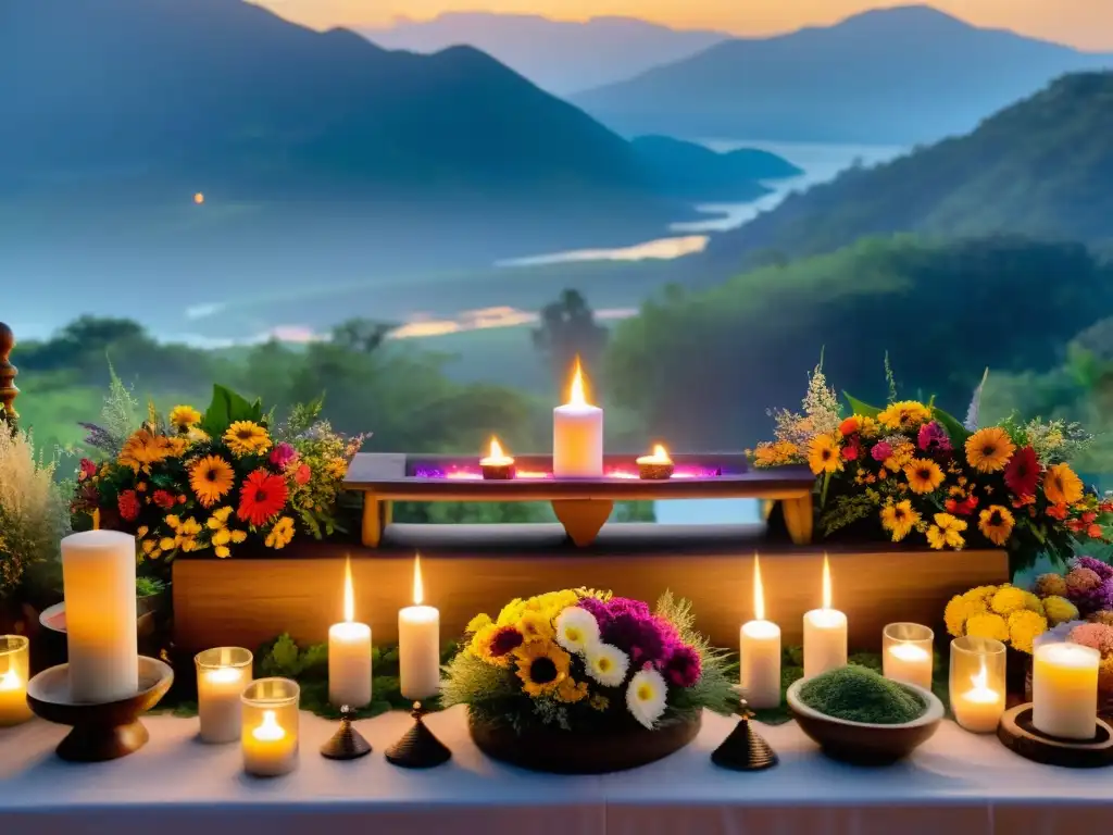 Altar de sanación con estudios clínicos rituales, flores, incienso y hierbas, rodeado de personas en ceremonia bajo la luz de las velas