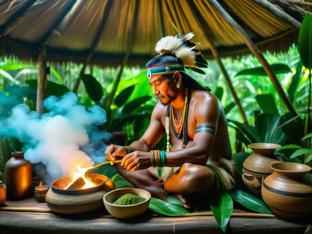 Un chamán amazónico preparando una medicina tradicional en la selva exuberante