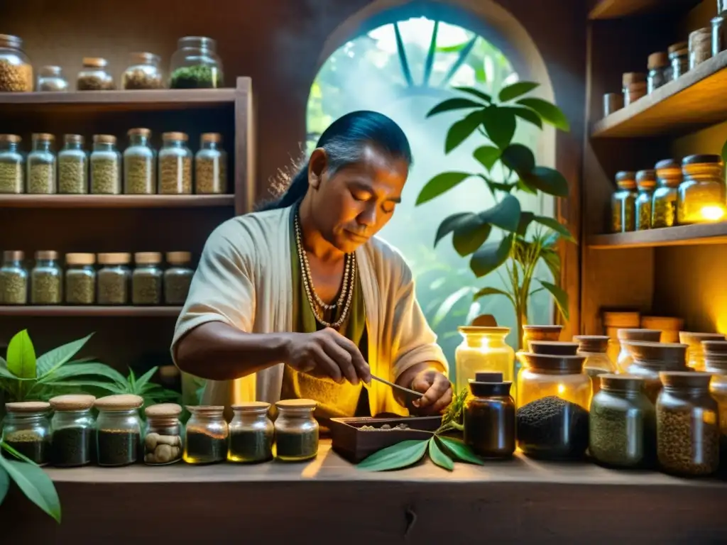 Un chamán amazónico prepara plantas medicinales en una apotecaria vintage, evocando la conexión con las plantas medicinales amazónicas impacto global