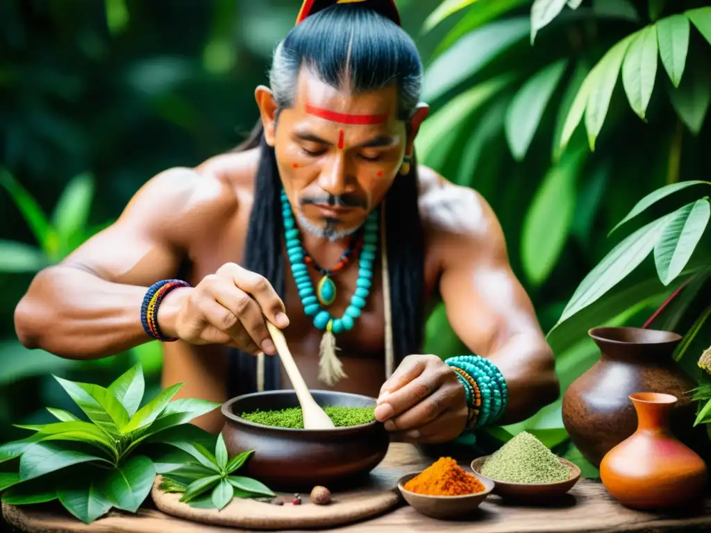 Un chamán amazónico prepara una poción medicinal rodeado de plantas vibrantes y raíces