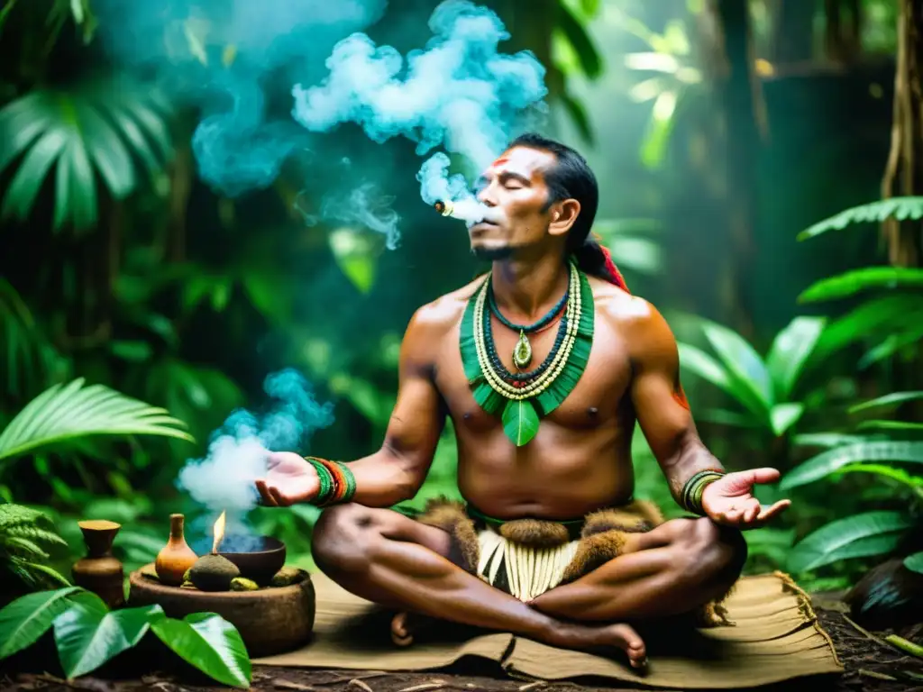 Un chamán amazónico realiza un ritual curativo en la selva, rodeado de exuberante vegetación