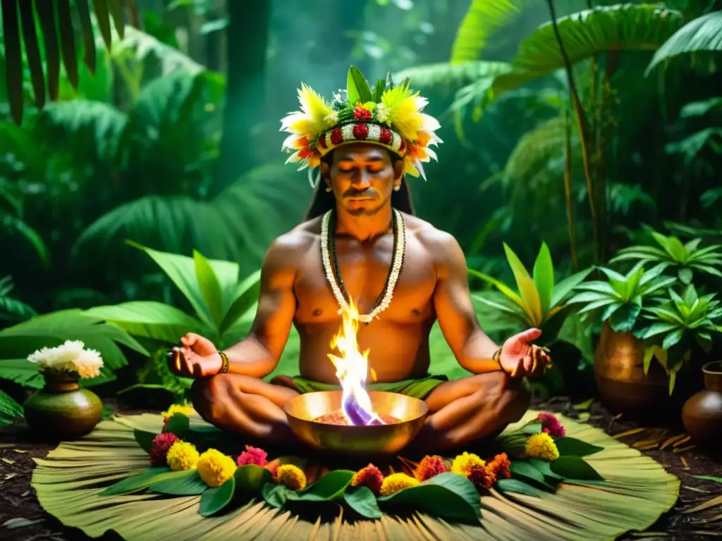 Un chamán amazónico realiza un ritual sagrado en la exuberante selva, invocando energías curativas ancestrales