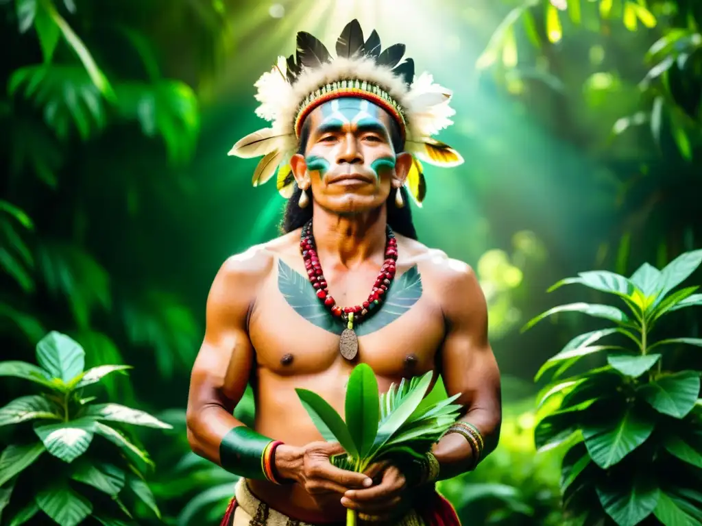 Un chamán amazónico realiza un ritual de sanación entre exuberante vegetación, sosteniendo plantas medicinales
