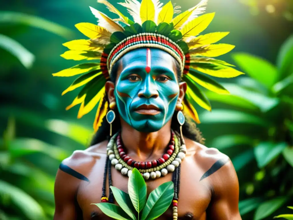 Un chamán amazónico rodeado de exuberante vegetación, con plantas medicinales y un rostro pintado