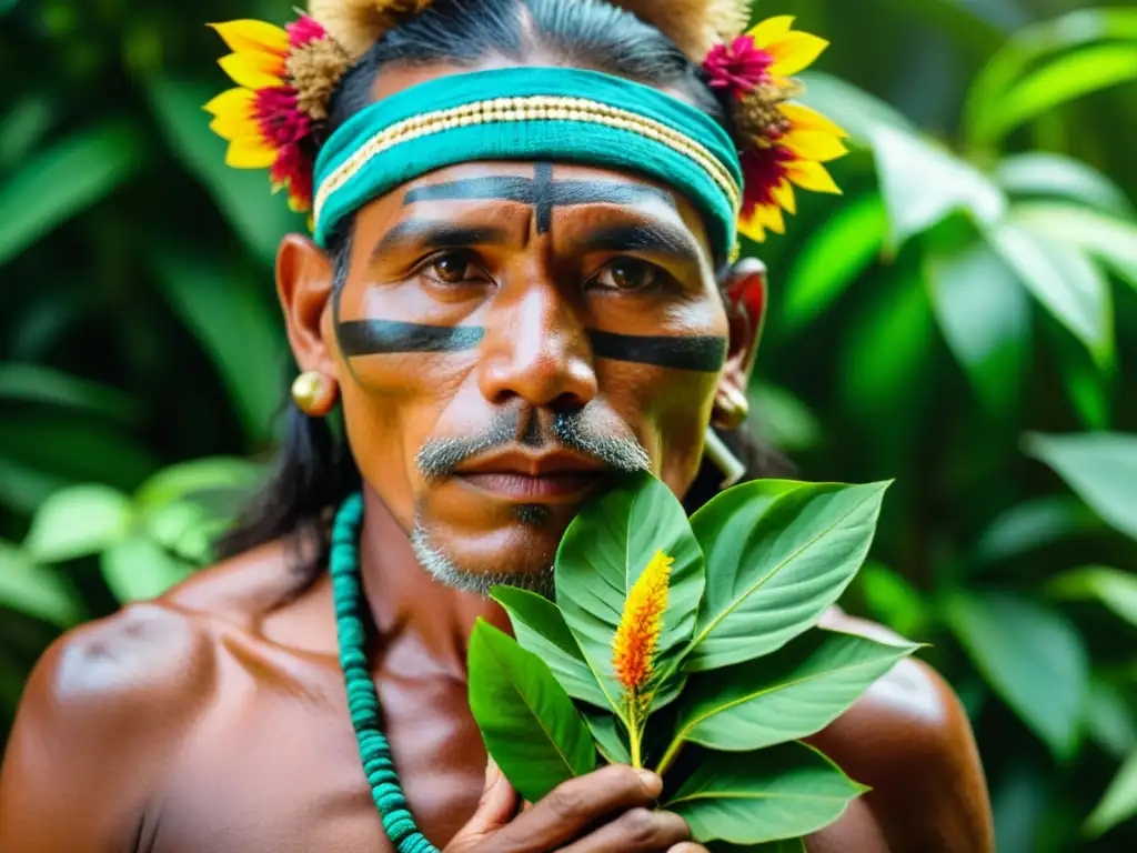 Un chamán amazónico prepara tabaco para uso medicinal en un paisaje exuberante y místico de la selva tropical