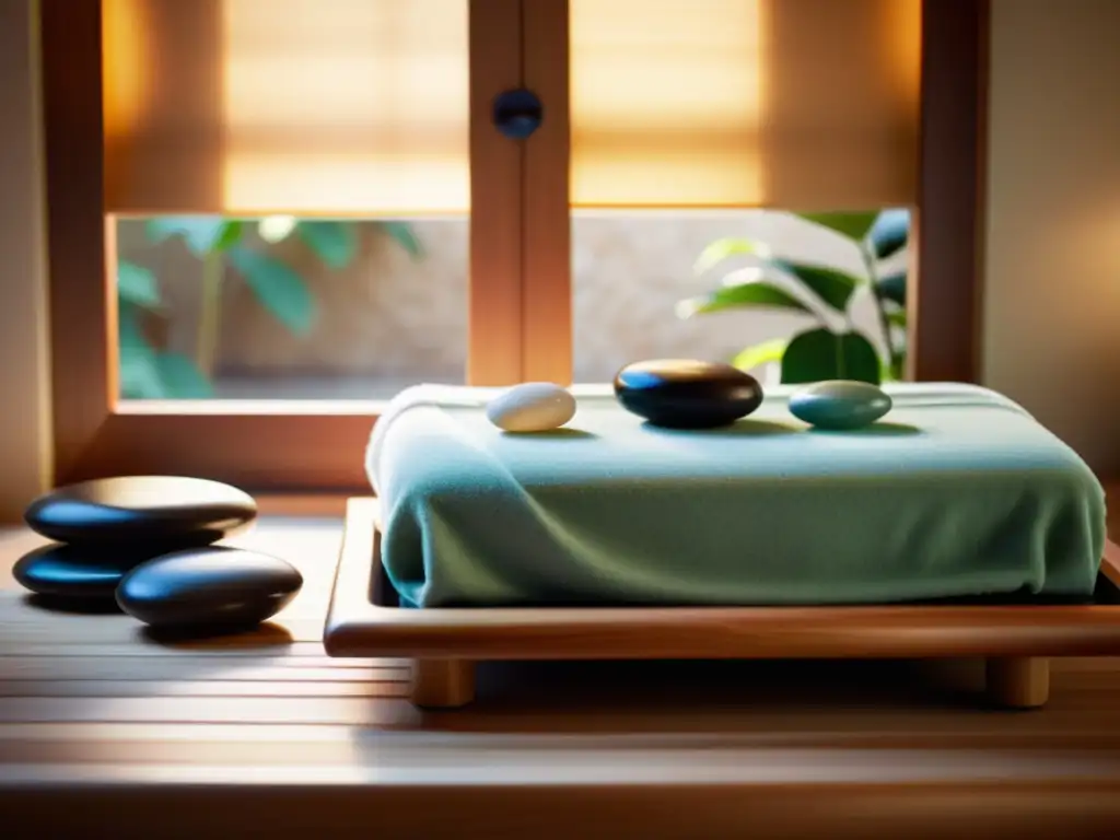 Un ambiente de spa sereno con una mesa de masajes de madera y piedras suaves, cálidas y frías