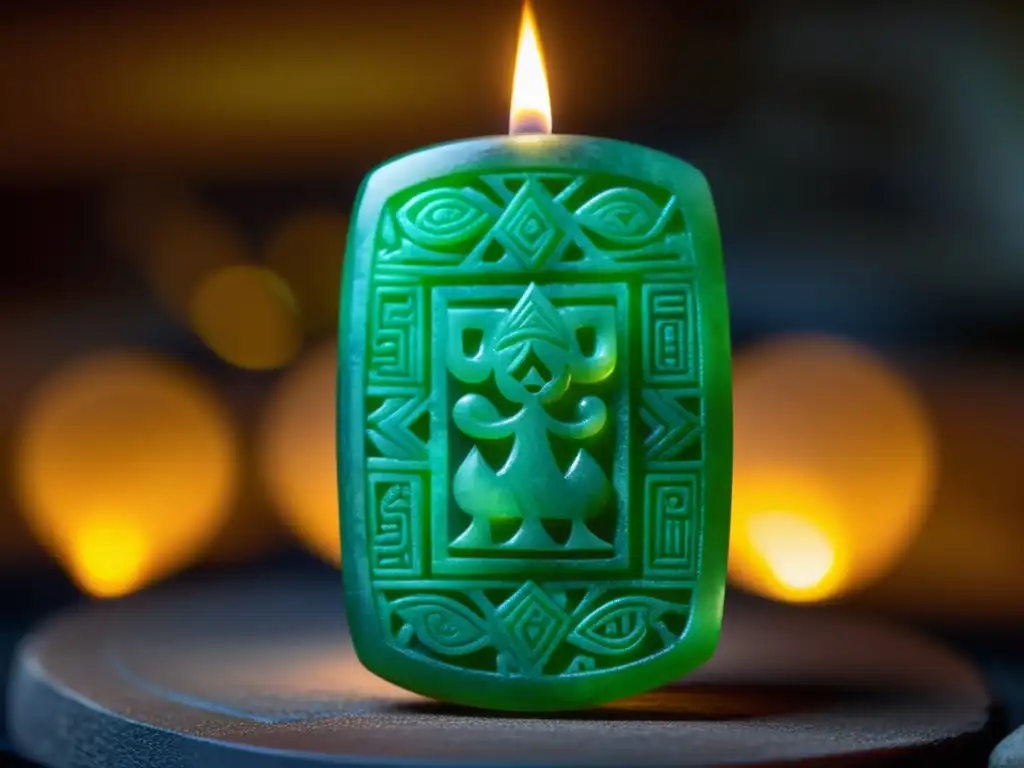 Un amuleto de jade mesoamericano brilla en la tenue luz de una antorcha, evocando misterio y protección en medicina tradicional