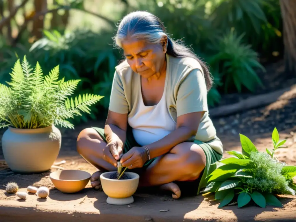 Una anciana aborigen Australia prepara medicina tradicional rodeada de plantas