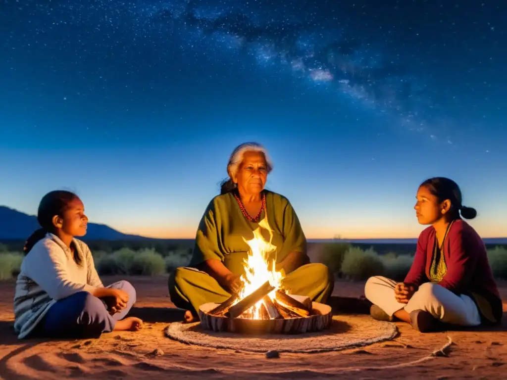 Una anciana aborigen comparte sabiduría junto a un fuego, rodeada de jóvenes