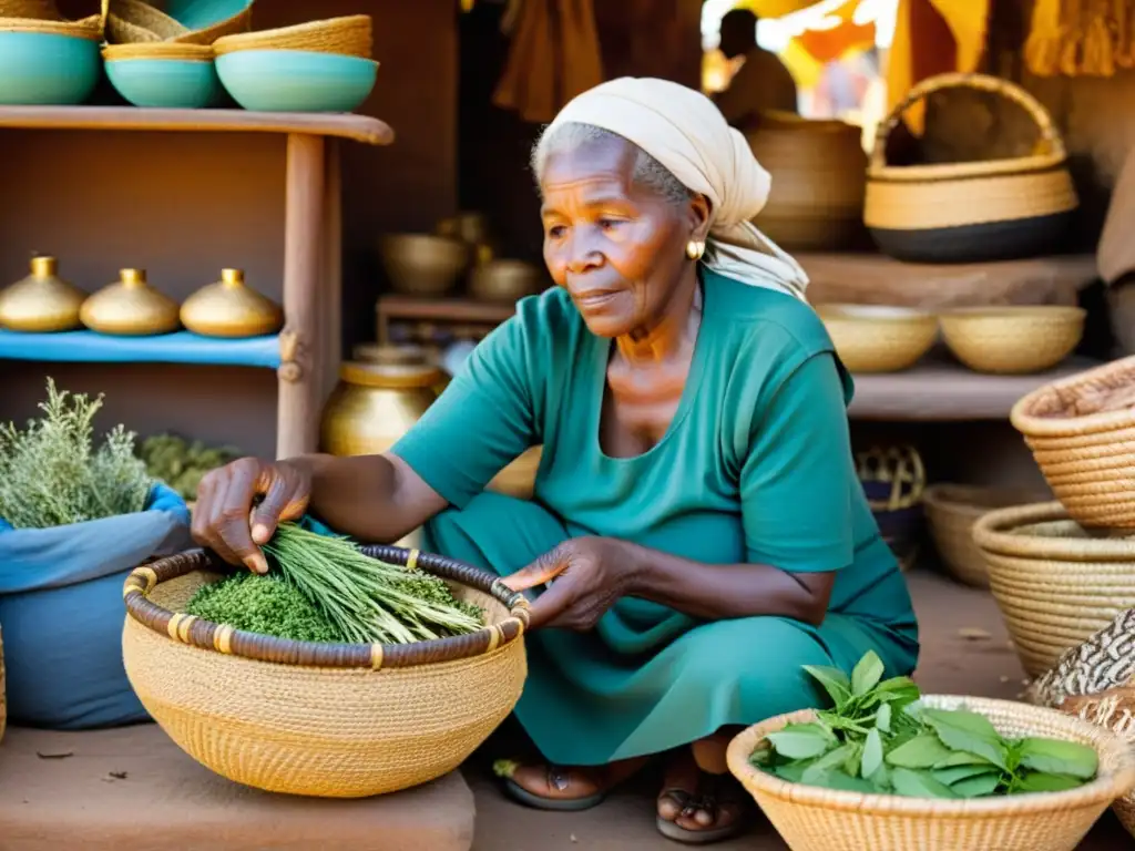 Una anciana africana selecciona hierbas medicinales tradicionales en un bullicioso mercado africano, transmitiendo sabiduría ancestral a su aprendiz