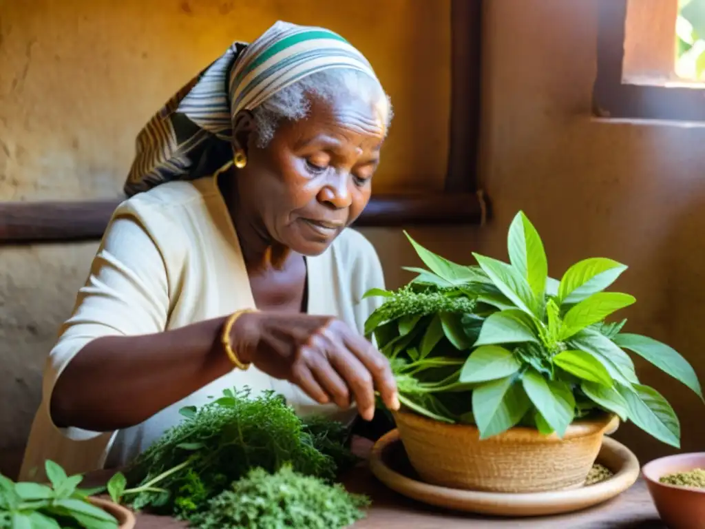 Una anciana africana selecciona cuidadosamente hojas verdes para bebidas medicinales africanas tradicionales, mostrando sabiduría y tradición