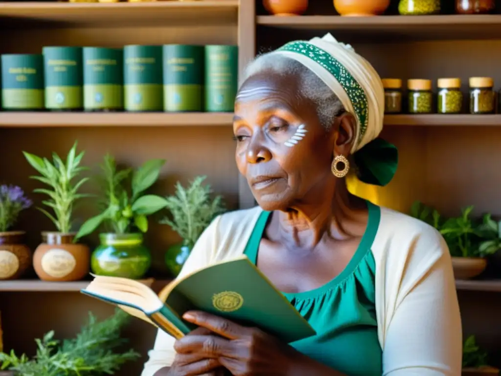 Sabiduría africana: Mujer mayor estudia hierbas medicinales Una anciana africana con pintura facial y ropa tradicional estudia un libro entre hierbas y plantas medicinales, irradiando sabiduría y conocimiento