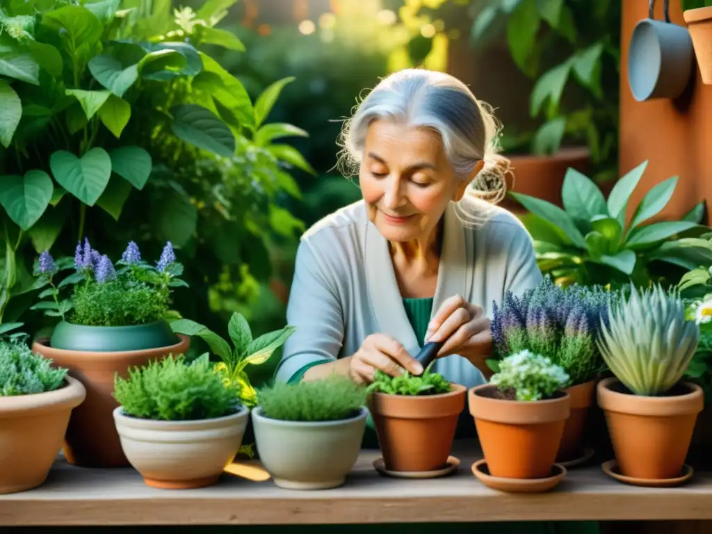 Una anciana cuida con amor un jardín de hierbas medicinales, rodeada de herramientas de jardinería vintage