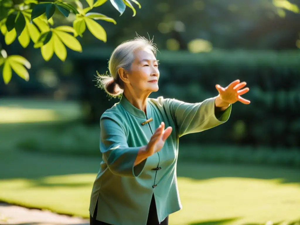 Una anciana practica Tai Chi en un jardín, irradiando armonía y serenidad en conexión con la naturaleza