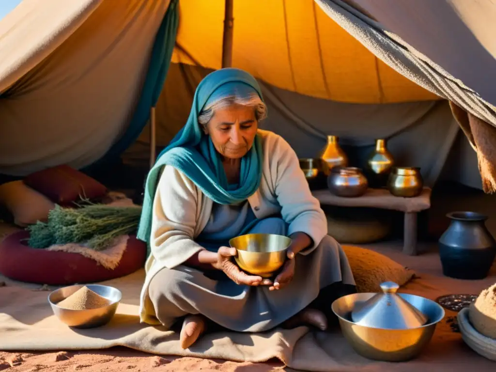 Una anciana beduina prepara medicina tradicional beduina técnicas en su tienda, envuelta en el cálido resplandor del atardecer en el desierto